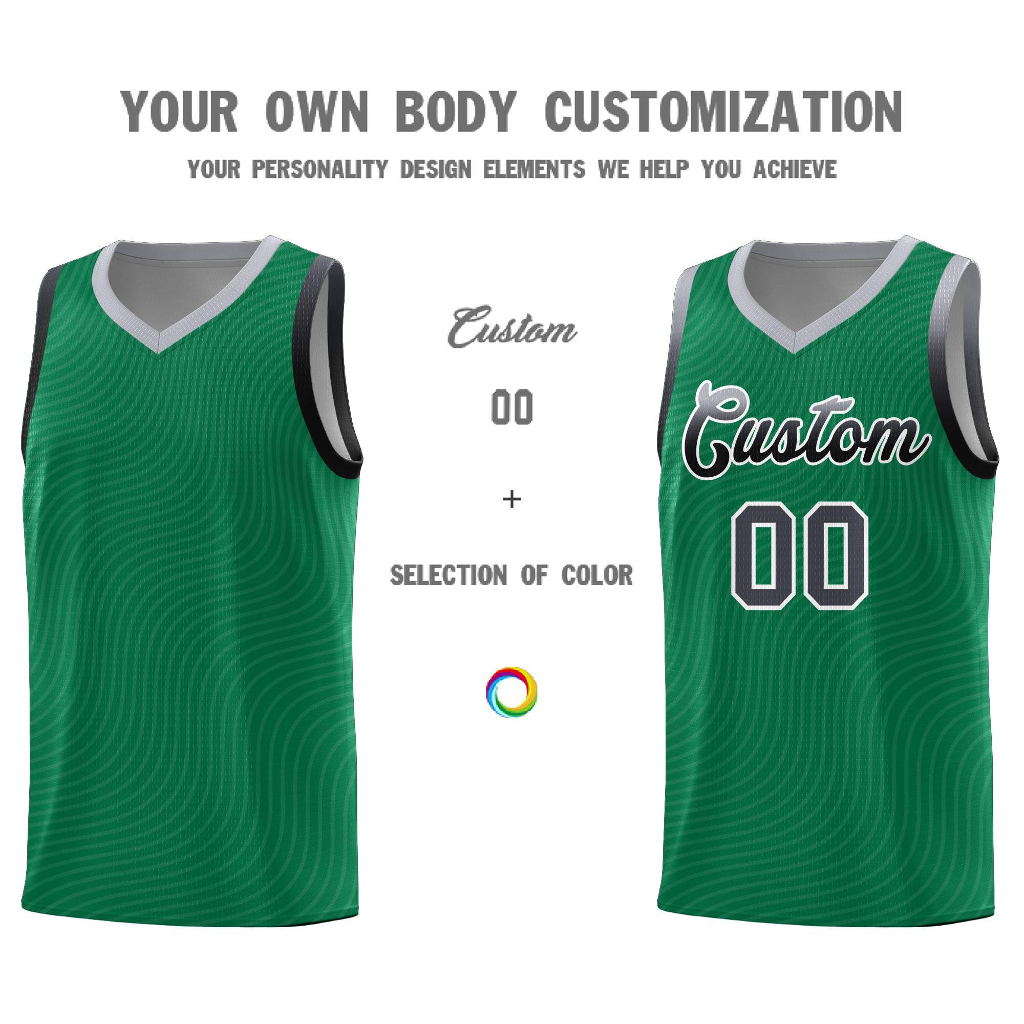 Custom Kelly Green Gray Wave Pattern Sports Uniform Basketball Jersey
