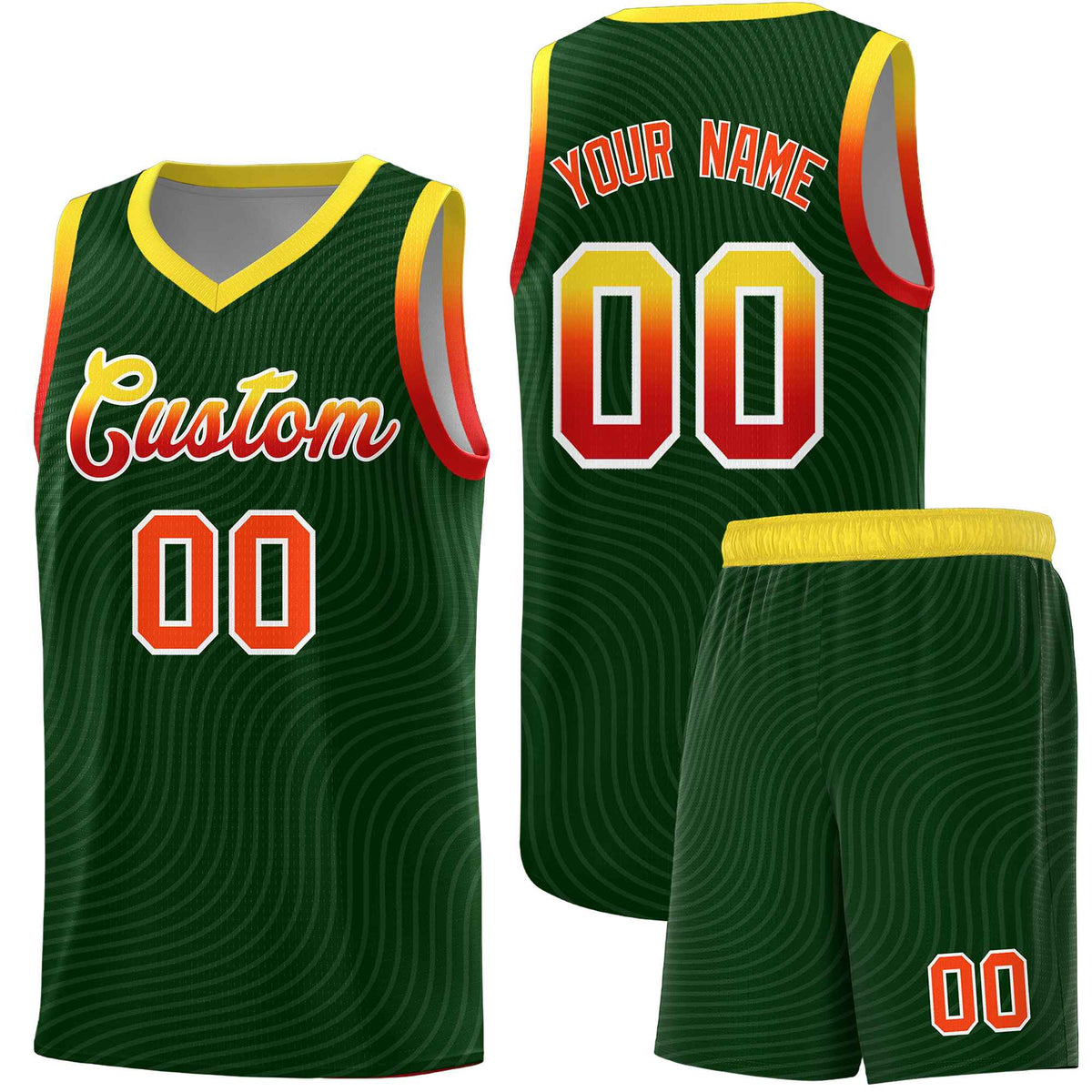 Custom Hunter Green Gold Wave Pattern Sports Uniform Basketball Jersey