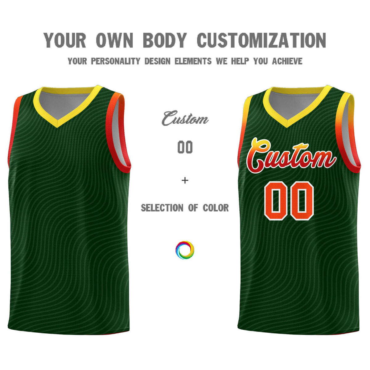 Custom Hunter Green Gold Wave Pattern Sports Uniform Basketball Jersey