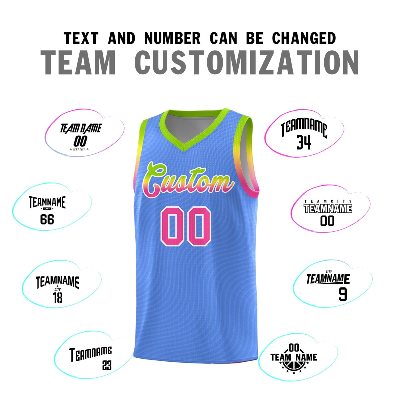 Custom Light Blue Neon Green Wave Pattern Sports Uniform Basketball Jersey