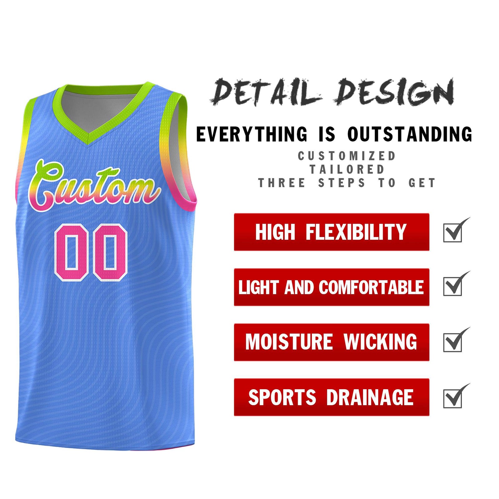 Custom Light Blue Neon Green Wave Pattern Sports Uniform Basketball Jersey