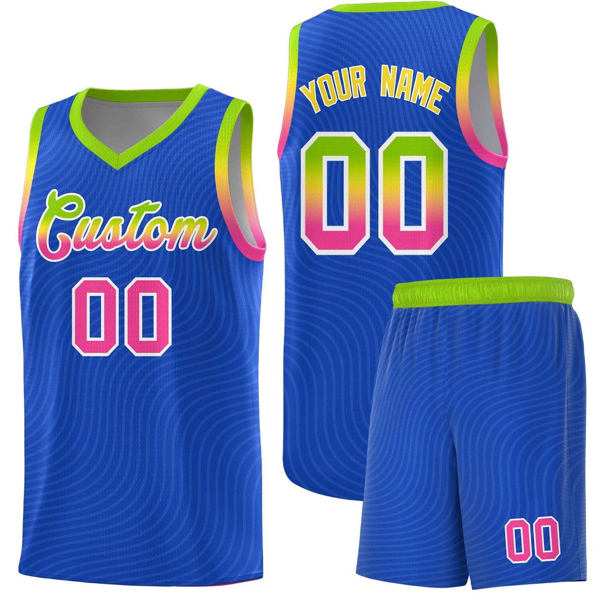 Custom Royal Blue Neon Green Wave Pattern Sports Uniform Basketball Jersey