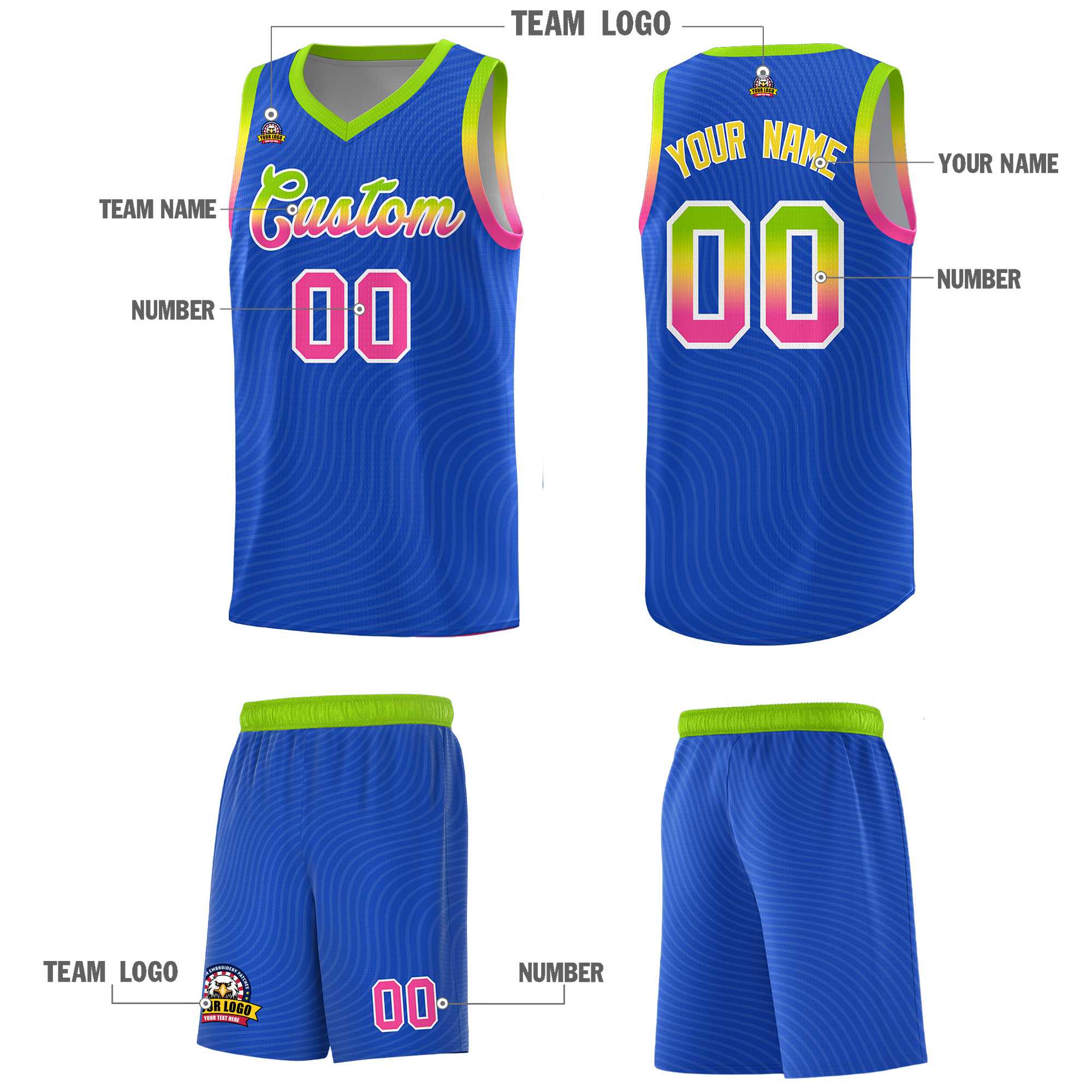 Custom Royal Blue Neon Green Wave Pattern Sports Uniform Basketball Jersey