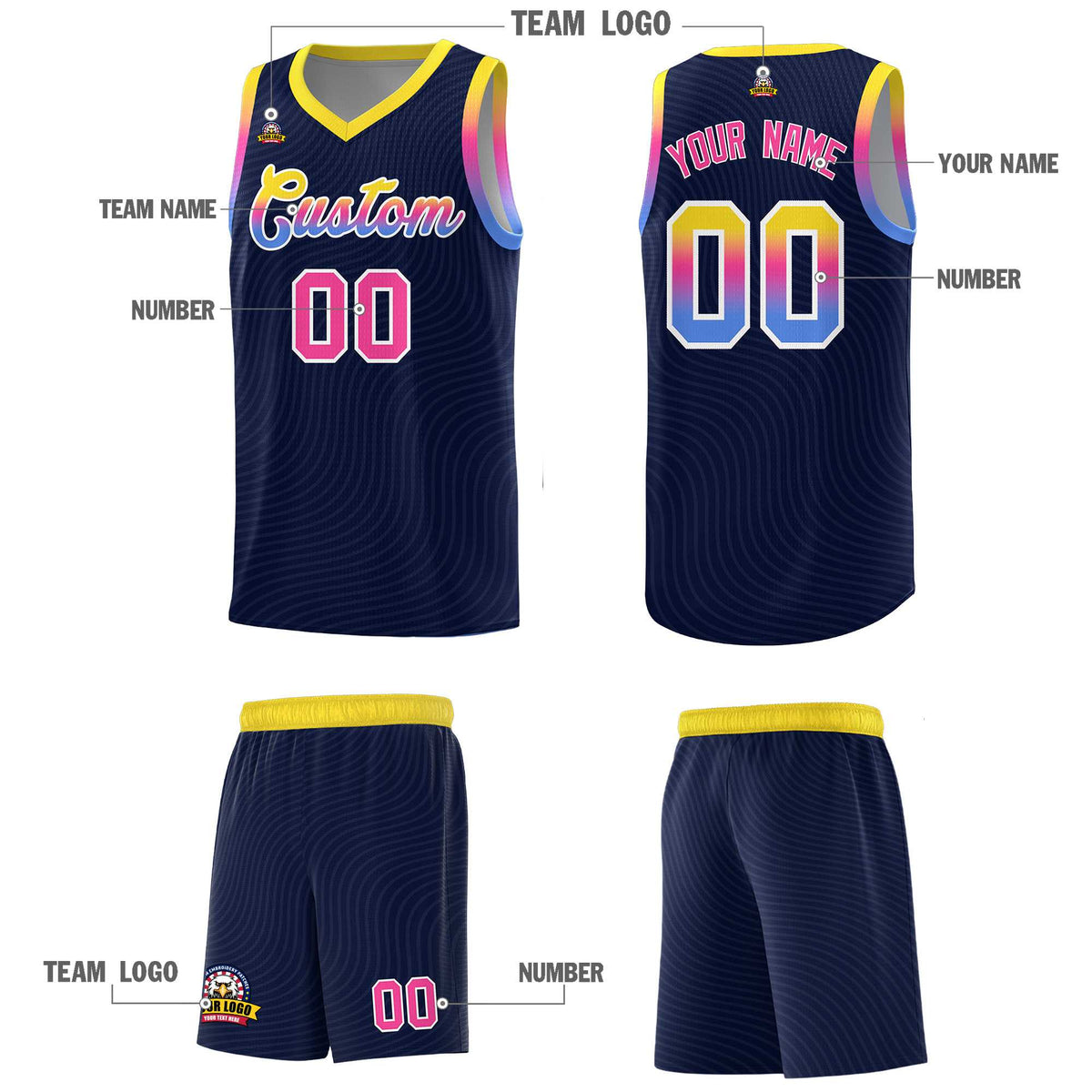 Custom Navy Gold Wave Pattern Sports Uniform Basketball Jersey