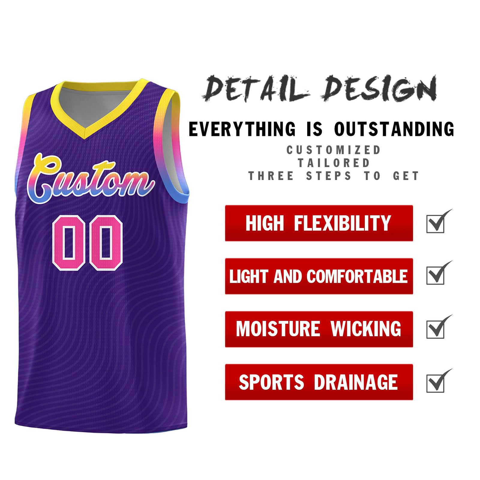 Custom Purple Gold Wave Pattern Sports Uniform Basketball Jersey