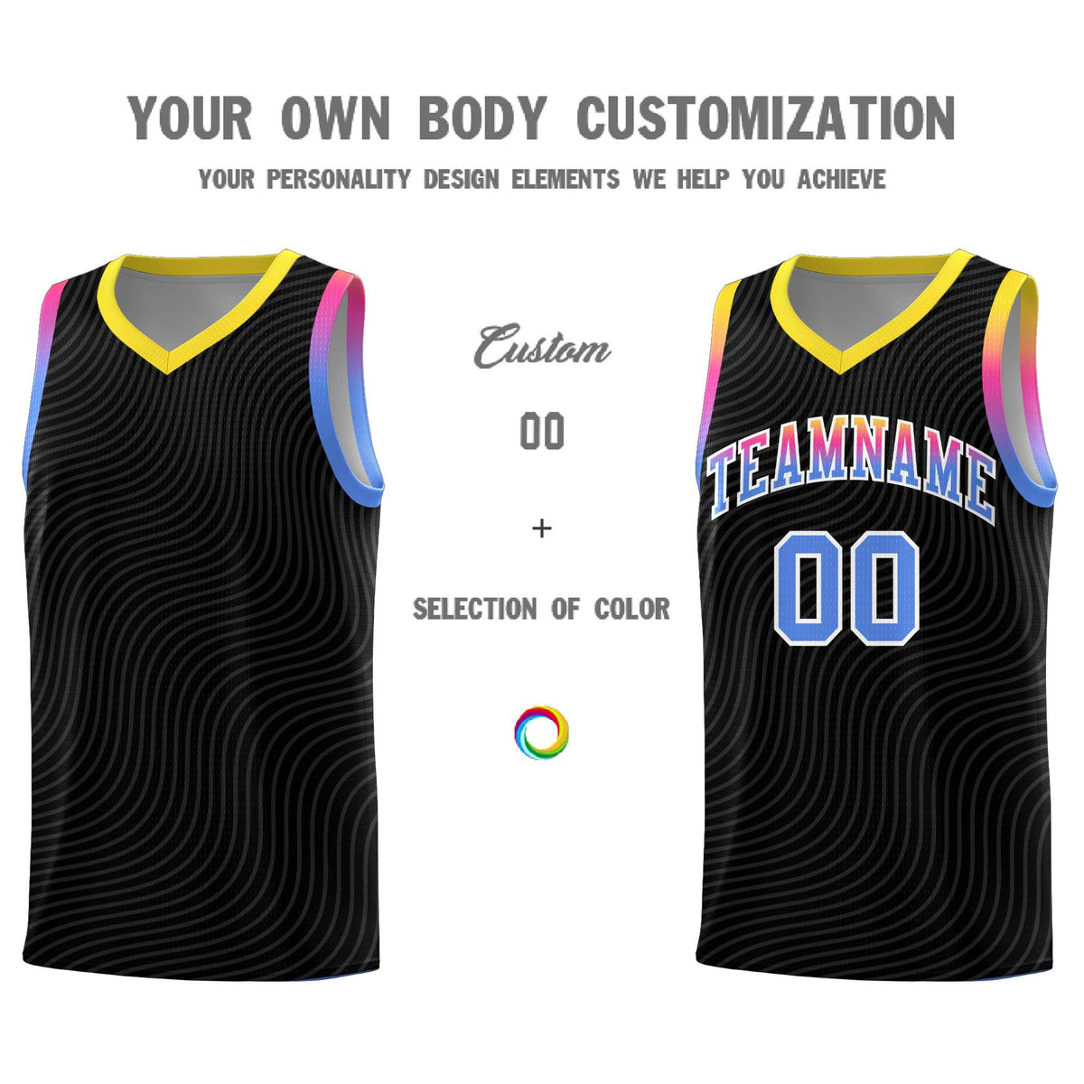 Custom Black Gold Wave Pattern Sports Uniform Basketball Jersey