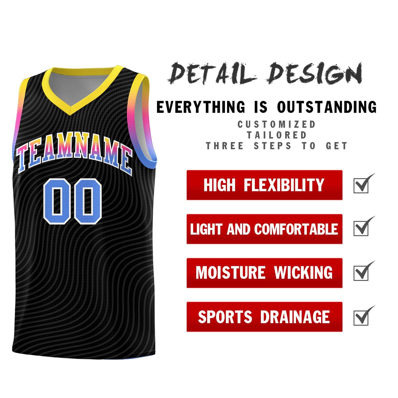 Custom Black Gold Wave Pattern Sports Uniform Basketball Jersey