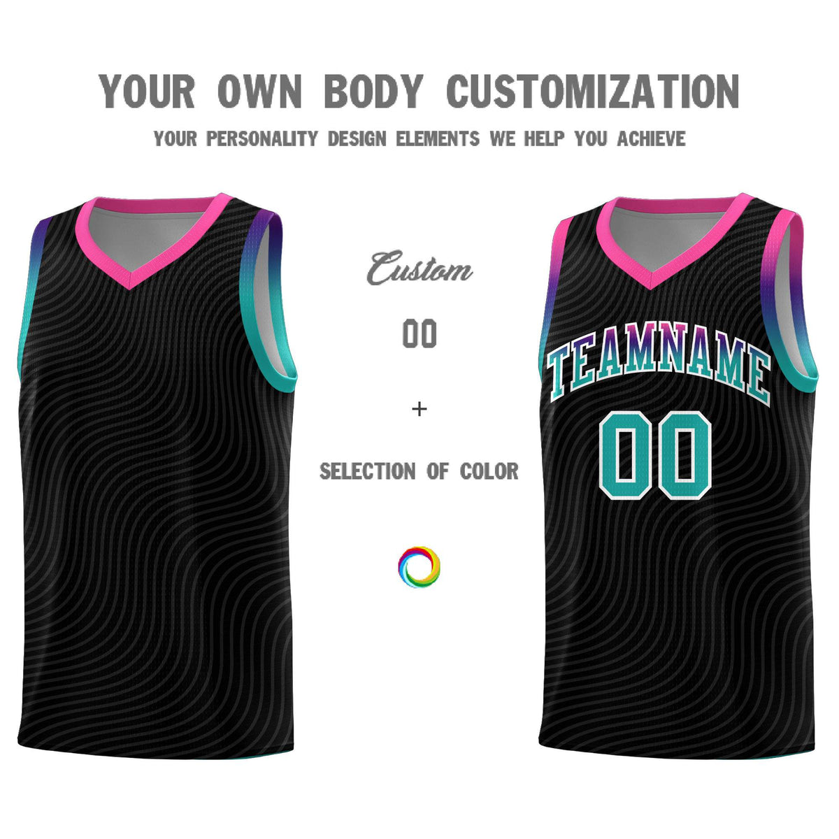 Custom Black Pink Wave Pattern Sports Uniform Basketball Jersey