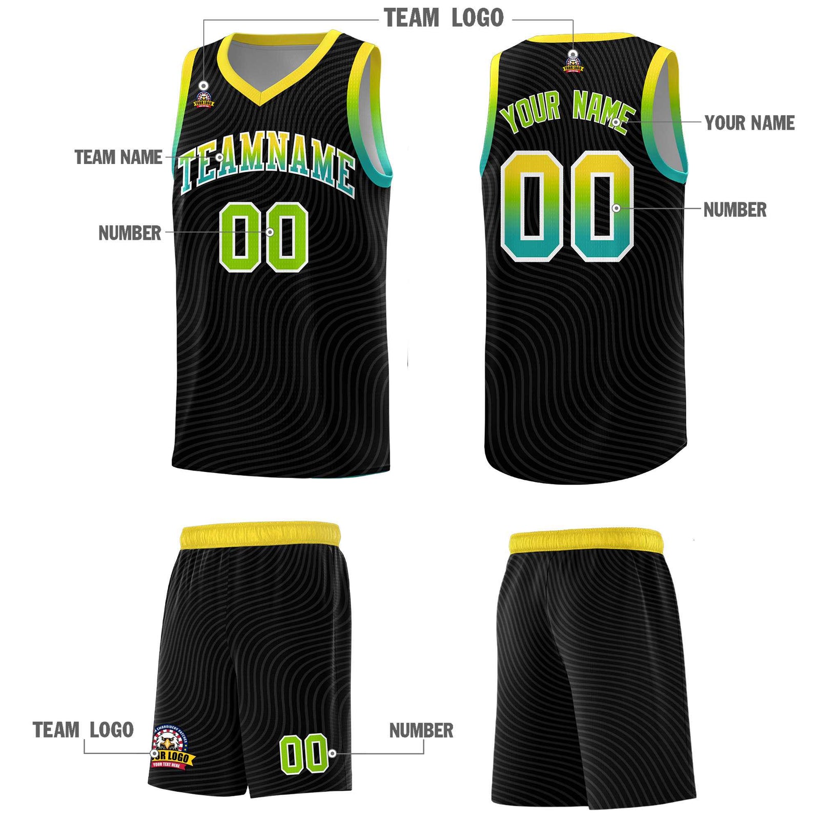 Custom Black Gold Wave Pattern Sports Uniform Basketball Jersey