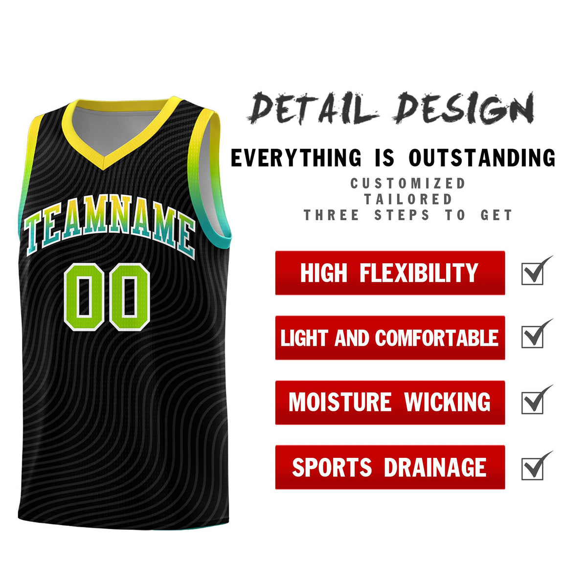 Custom Black Gold Wave Pattern Sports Uniform Basketball Jersey
