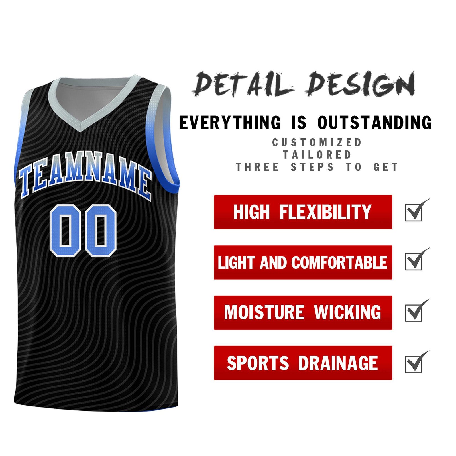 Custom Black Gray Wave Pattern Sports Uniform Basketball Jersey