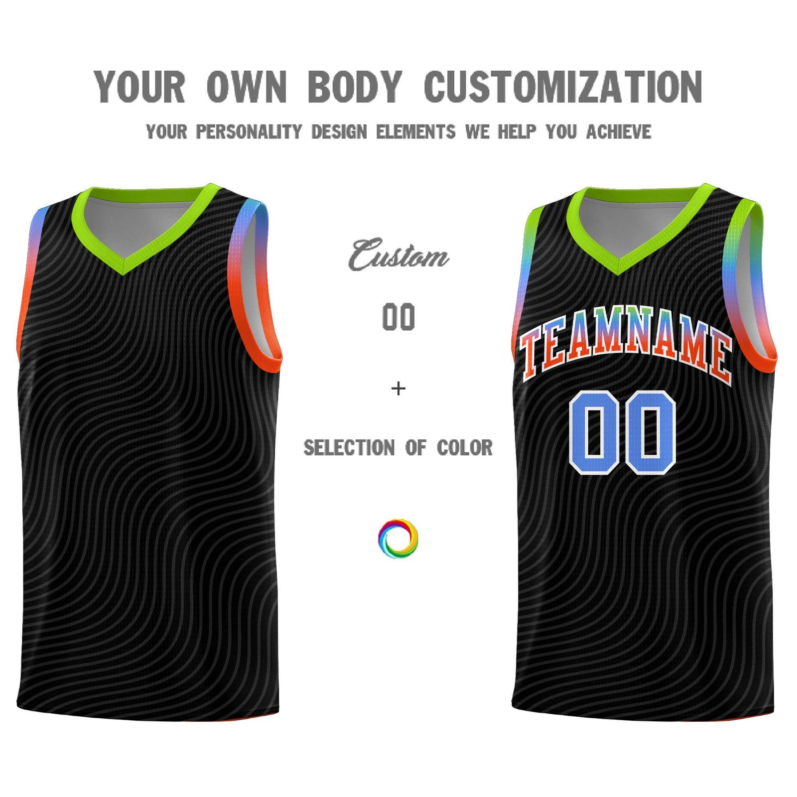Custom Black Neon Green Wave Pattern Sports Uniform Basketball Jersey