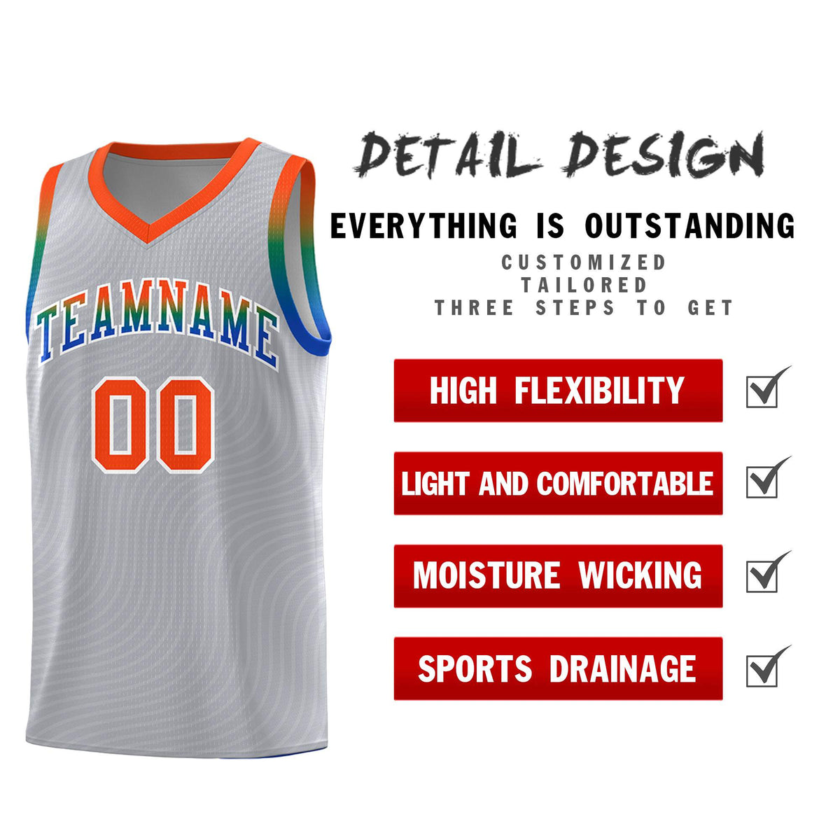 Custom Gray Orange Wave Pattern Sports Uniform Basketball Jersey