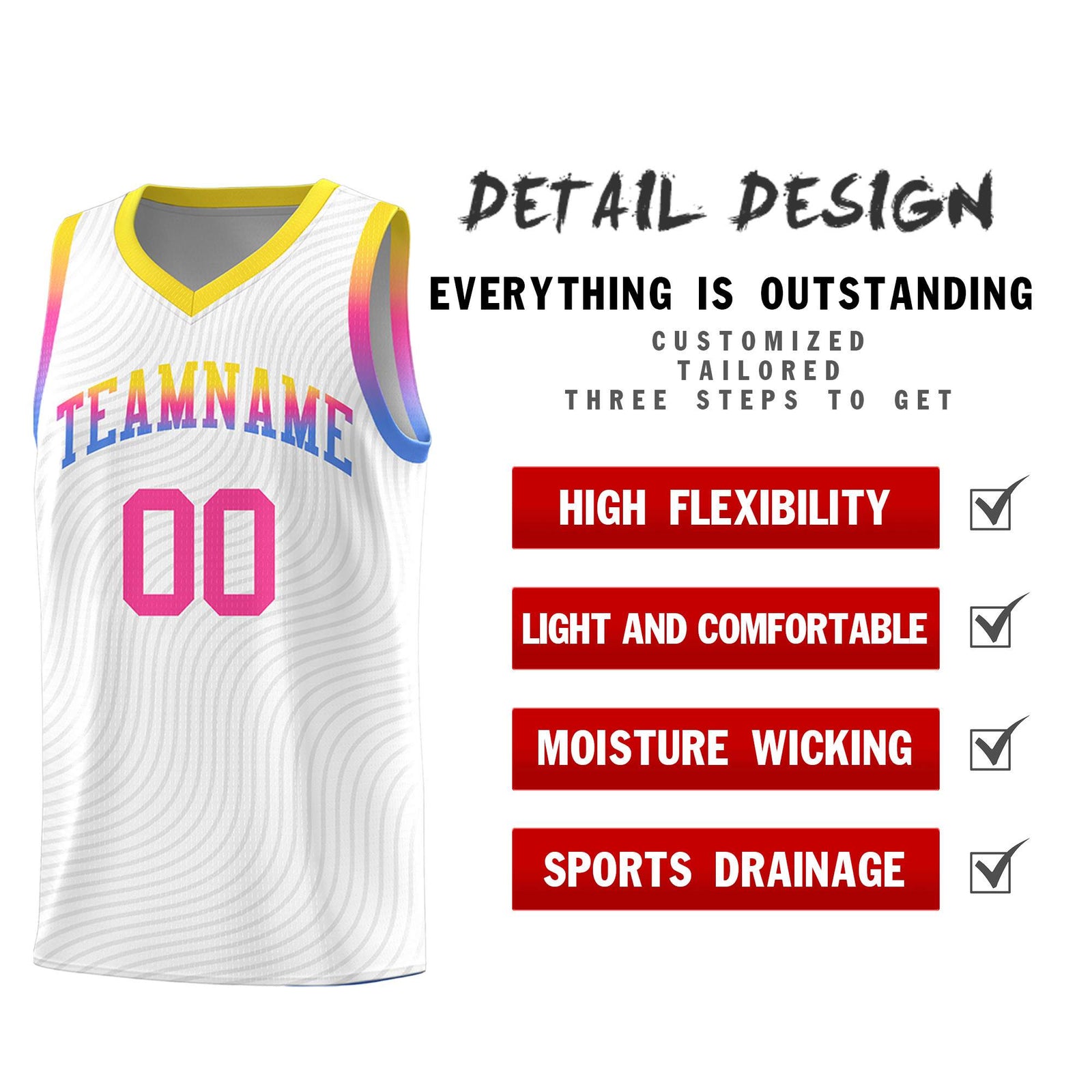 Custom White Gold Wave Pattern Sports Uniform Basketball Jersey
