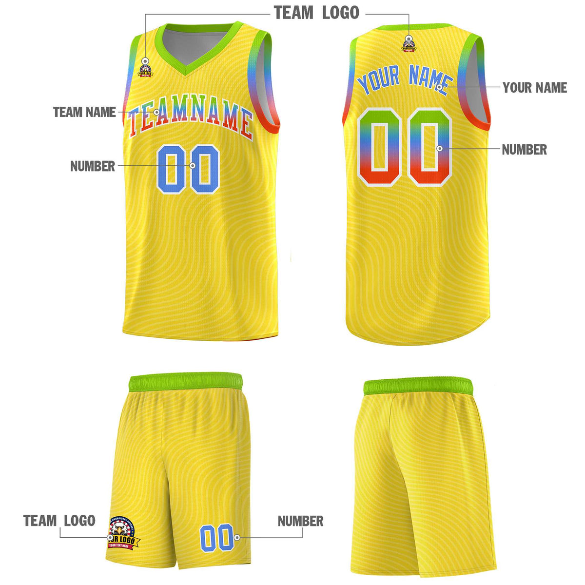 Custom Gold Neon Green Wave Pattern Sports Uniform Basketball Jersey