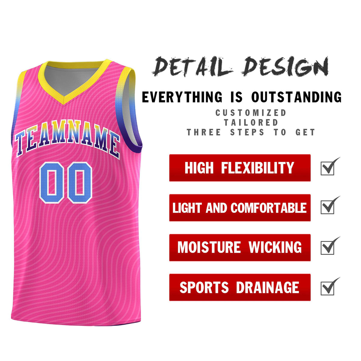 Custom Pink Gold Wave Pattern Sports Uniform Basketball Jersey