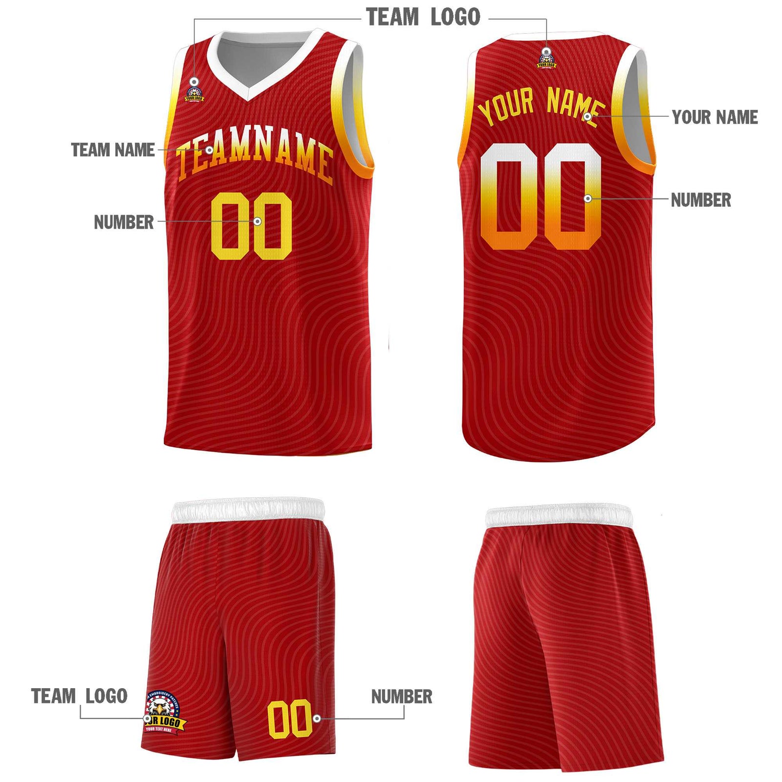 Custom Red White Wave Pattern Sports Uniform Basketball Jersey