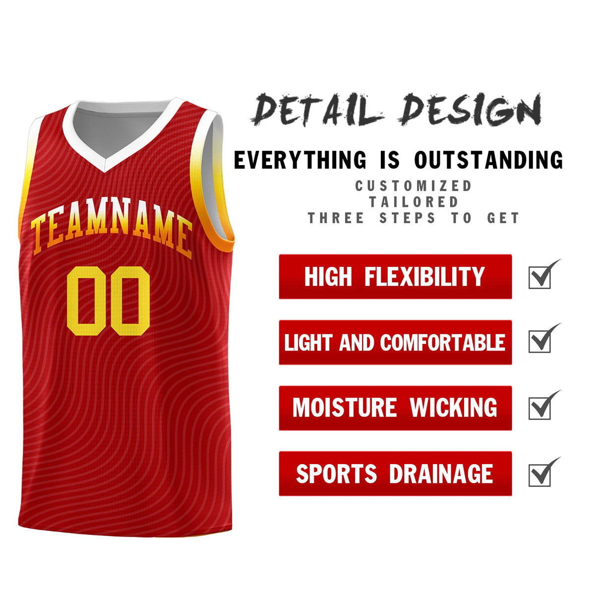 Custom Red White Wave Pattern Sports Uniform Basketball Jersey