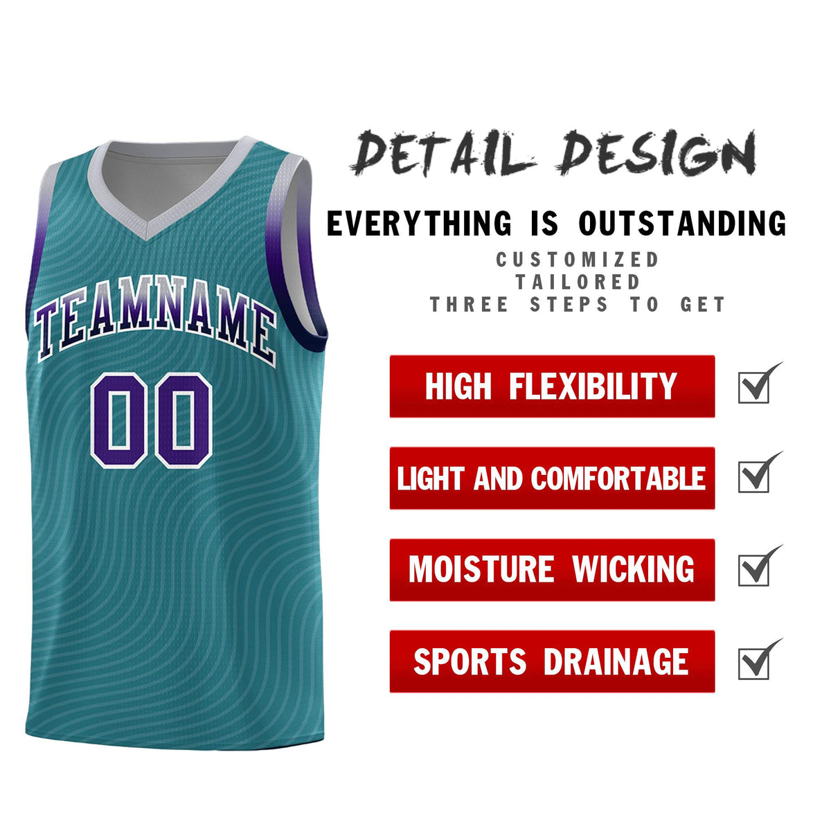 Custom Teal Gray Wave Pattern Sports Uniform Basketball Jersey