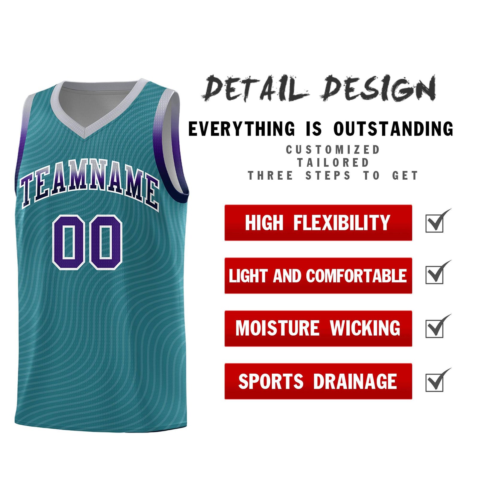 Custom Teal Gray Wave Pattern Sports Uniform Basketball Jersey