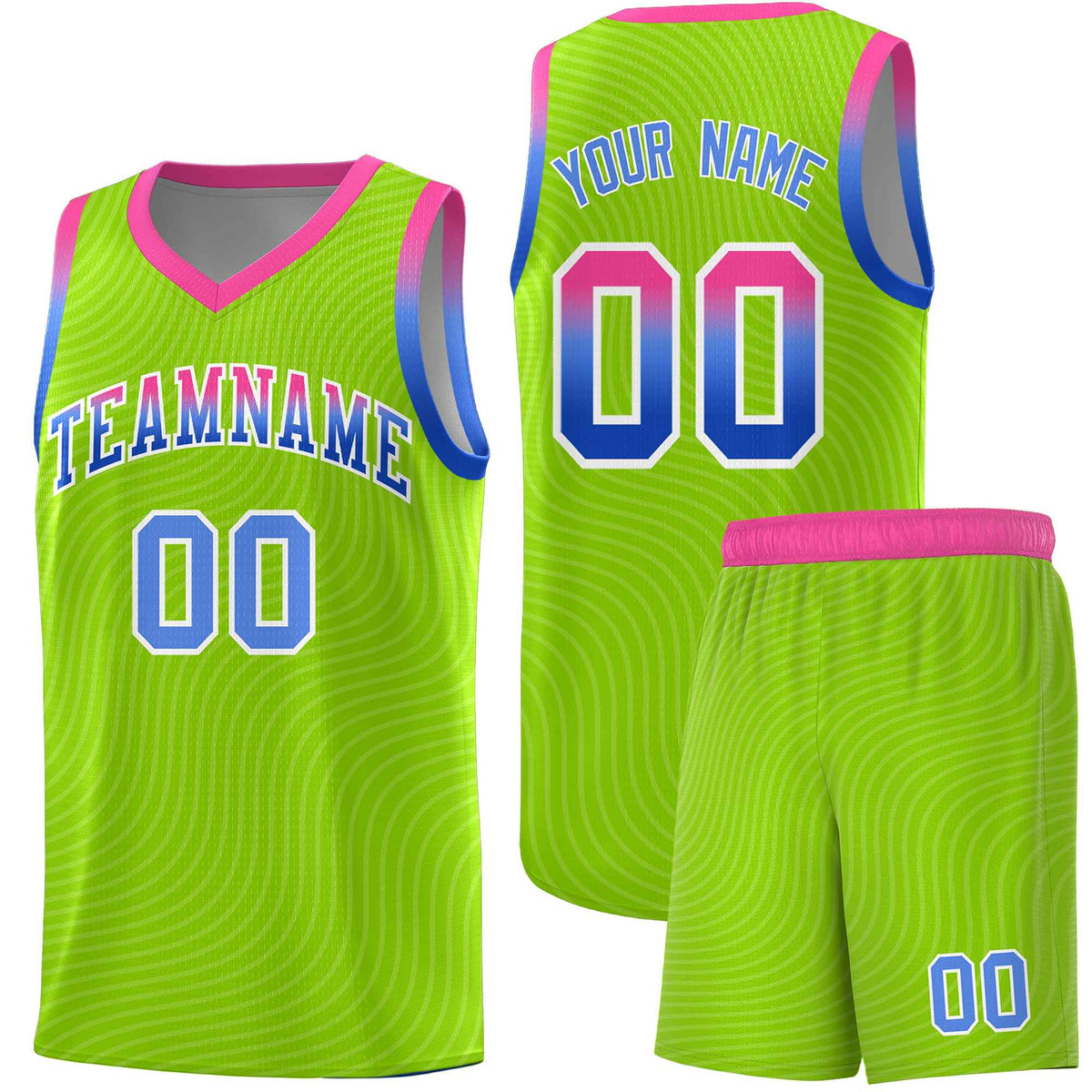 Custom Neon Green Pink Wave Pattern Sports Uniform Basketball Jersey