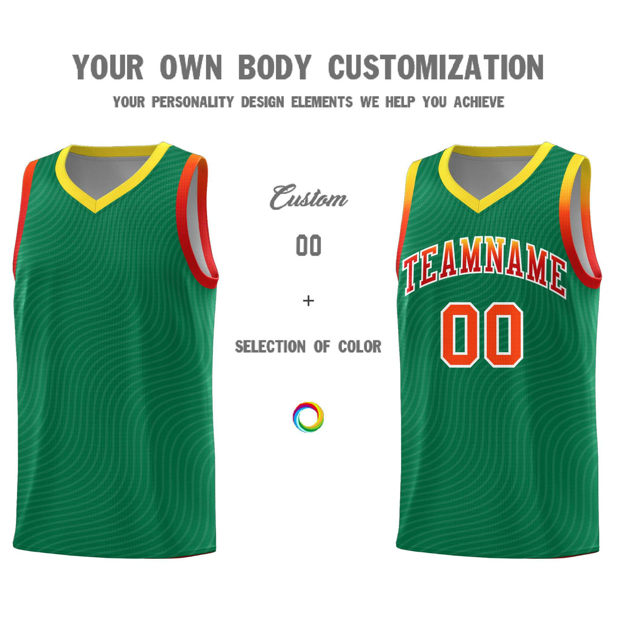 Custom Kelly Green Gold Wave Pattern Sports Uniform Basketball Jersey