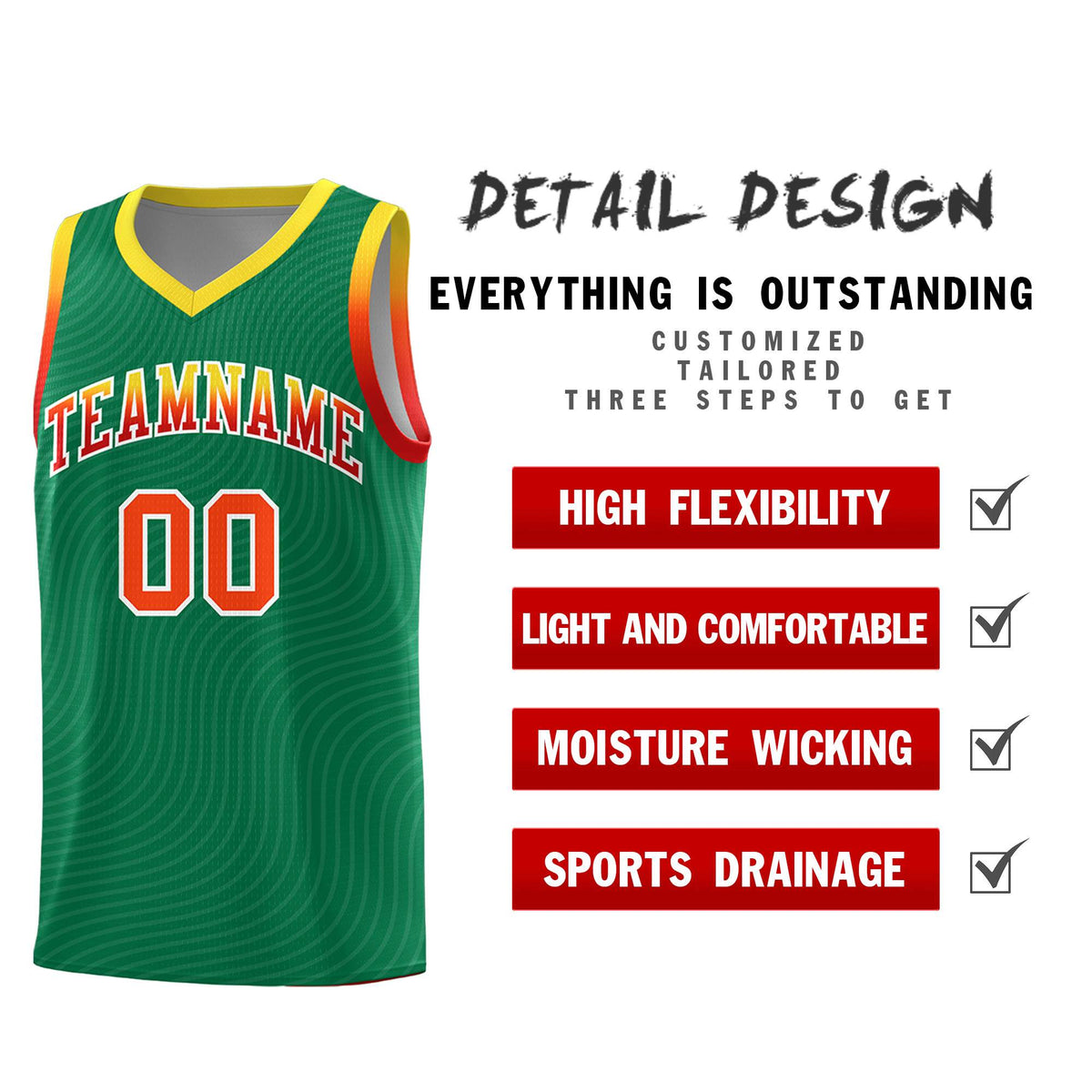 Custom Kelly Green Gold Wave Pattern Sports Uniform Basketball Jersey