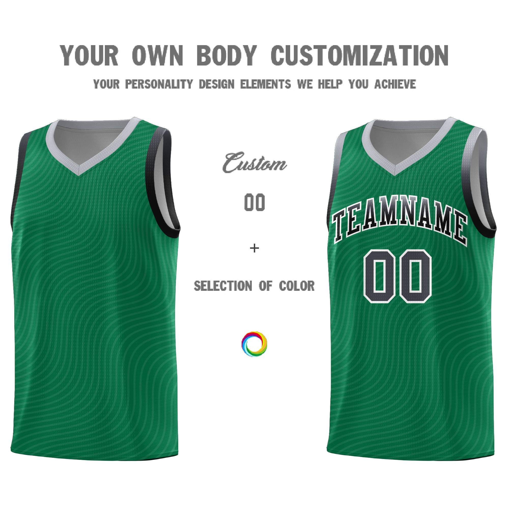 Custom Kelly Green Gray Wave Pattern Sports Uniform Basketball Jersey