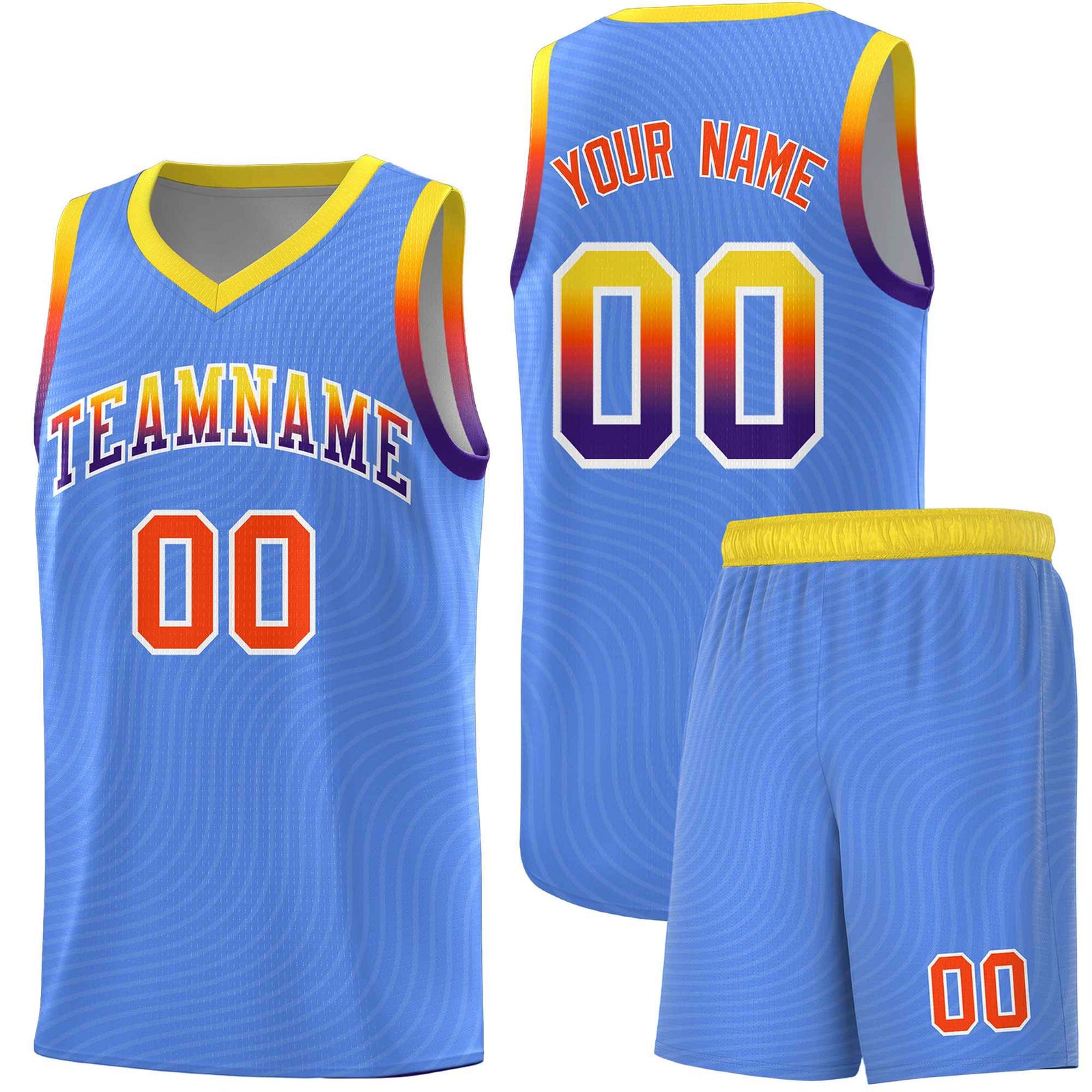 Custom Light Blue Gold Wave Pattern Sports Uniform Basketball Jersey