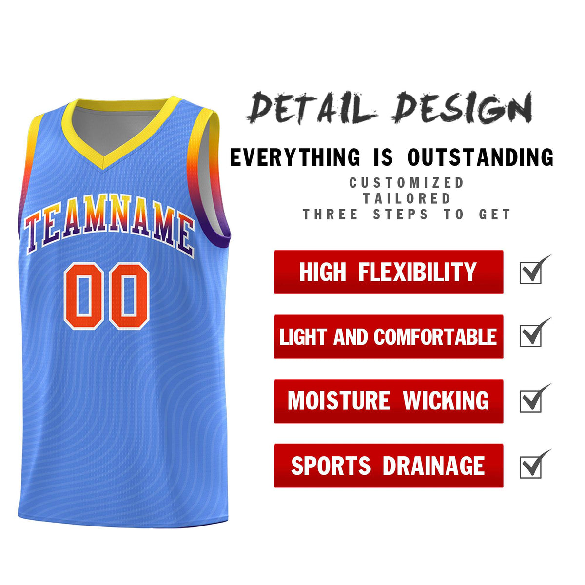 Custom Light Blue Gold Wave Pattern Sports Uniform Basketball Jersey