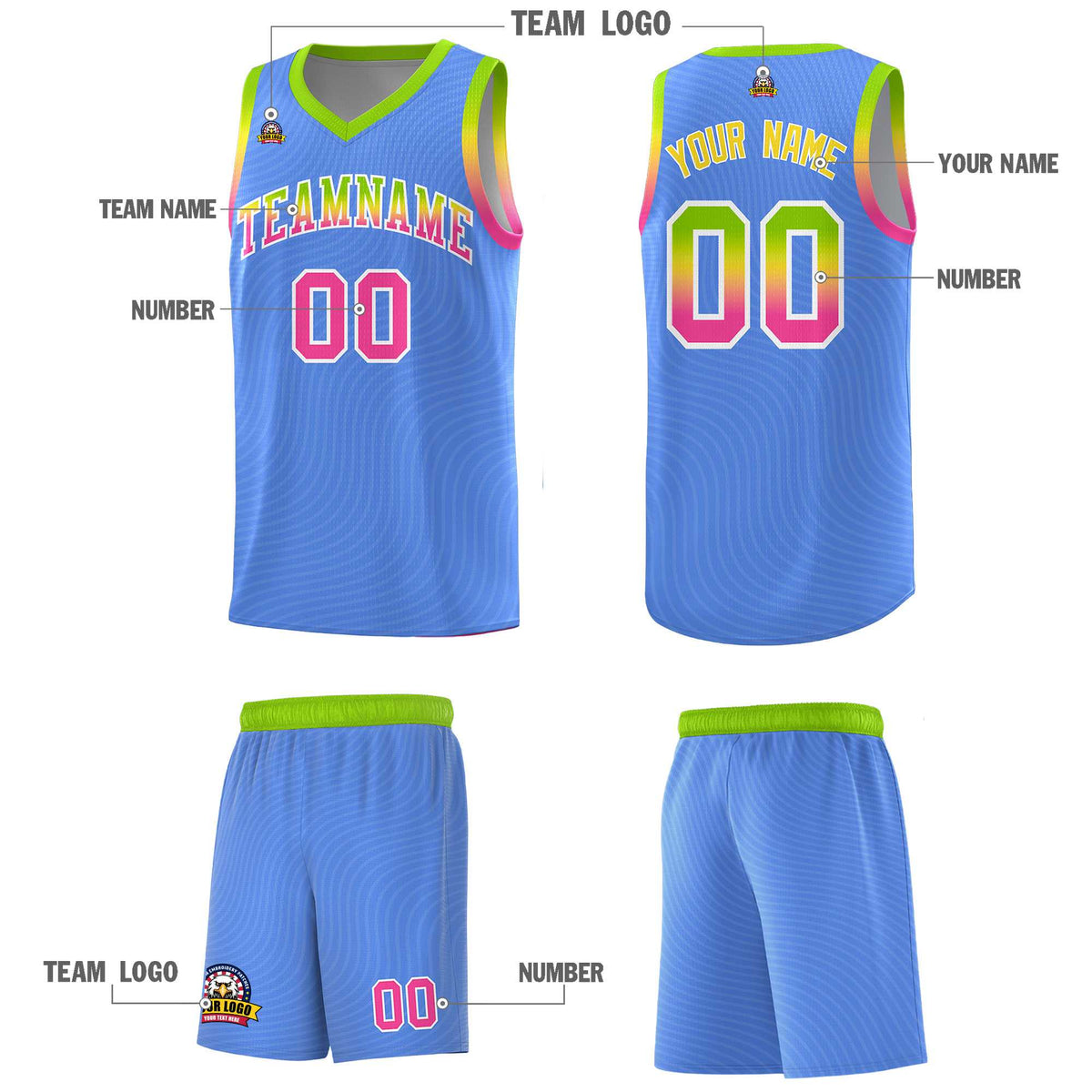 Custom Light Blue Neon Green Wave Pattern Sports Uniform Basketball Jersey