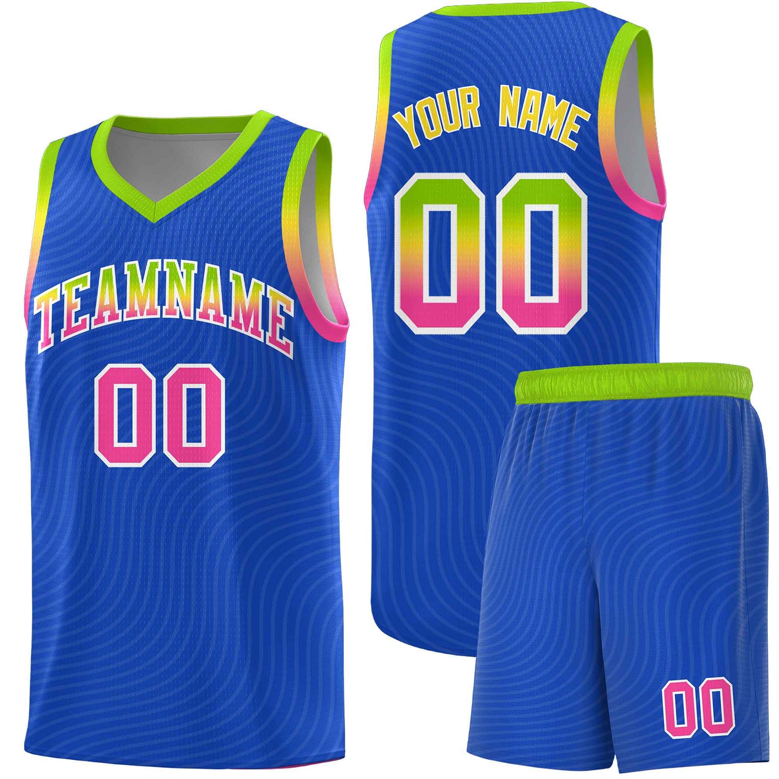 Custom Royal Blue Neon Green Wave Pattern Sports Uniform Basketball Jersey
