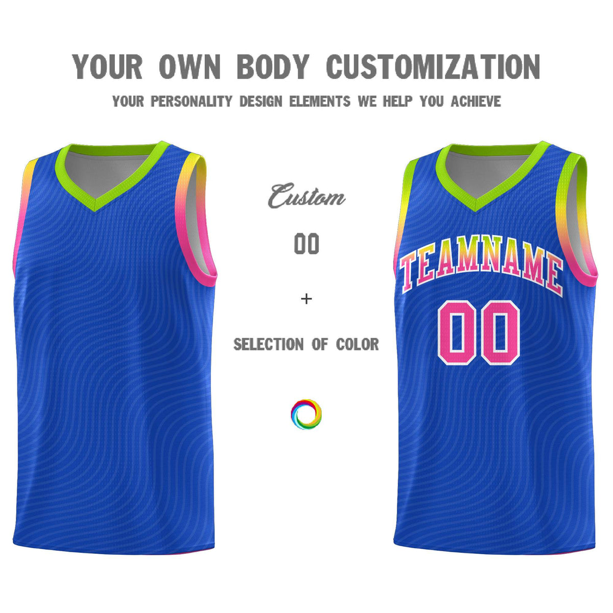 Custom Royal Blue Neon Green Wave Pattern Sports Uniform Basketball Jersey