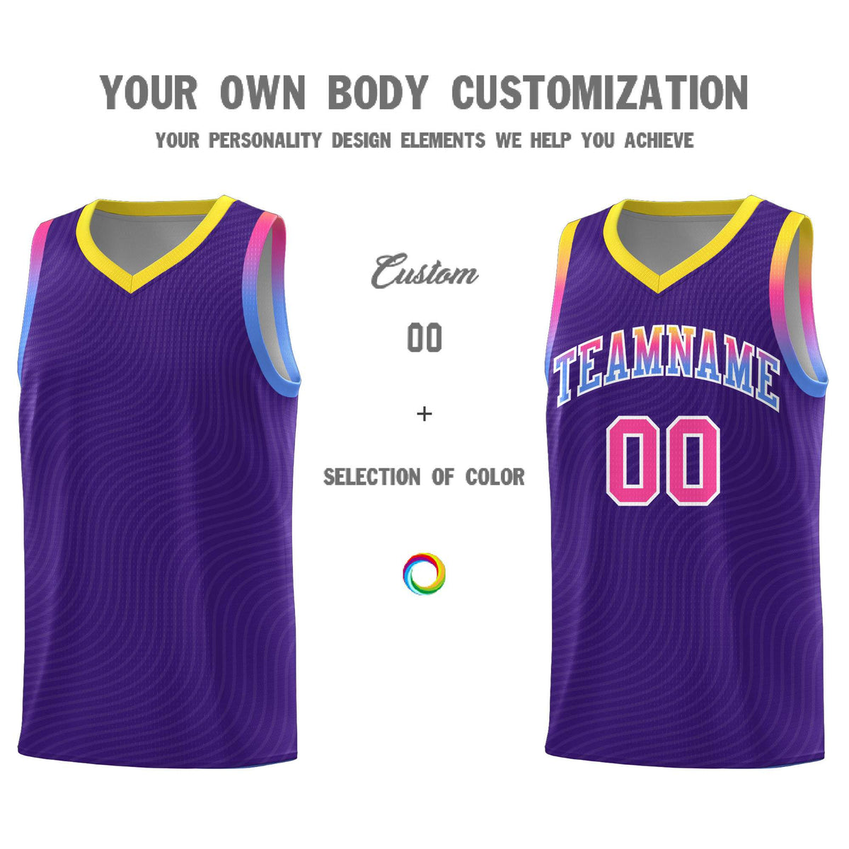 Custom Purple Gold Wave Pattern Sports Uniform Basketball Jersey