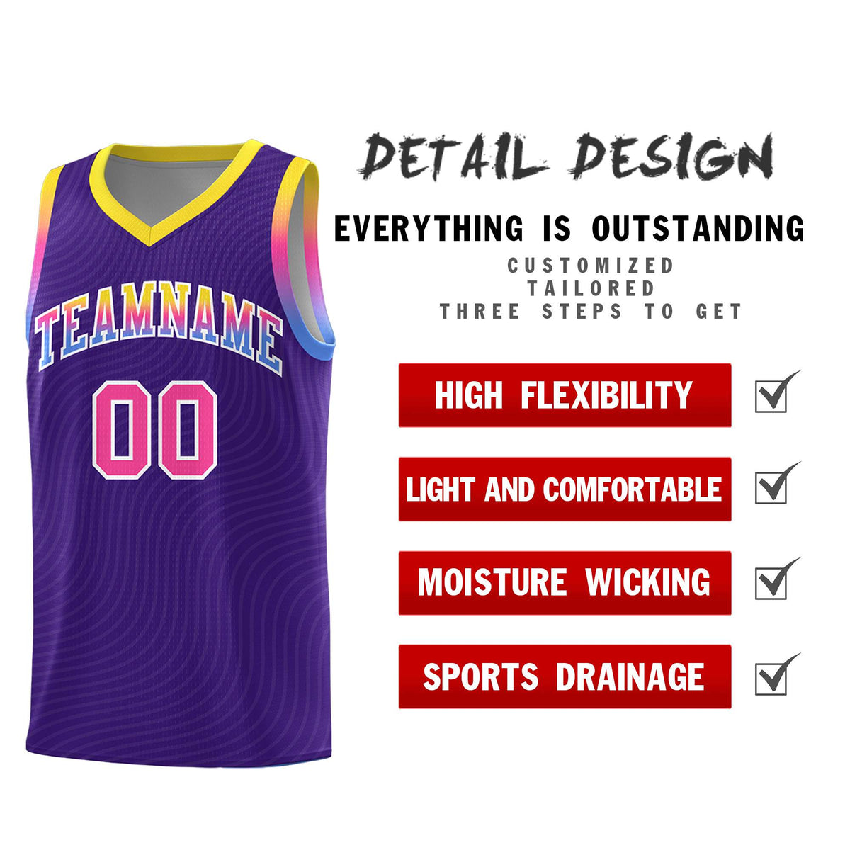 Custom Purple Gold Wave Pattern Sports Uniform Basketball Jersey