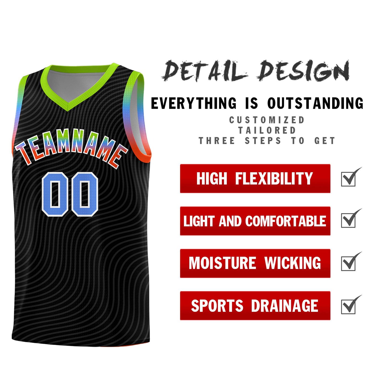 Custom Black Neon Green Wave Pattern Sports Uniform Basketball Jersey