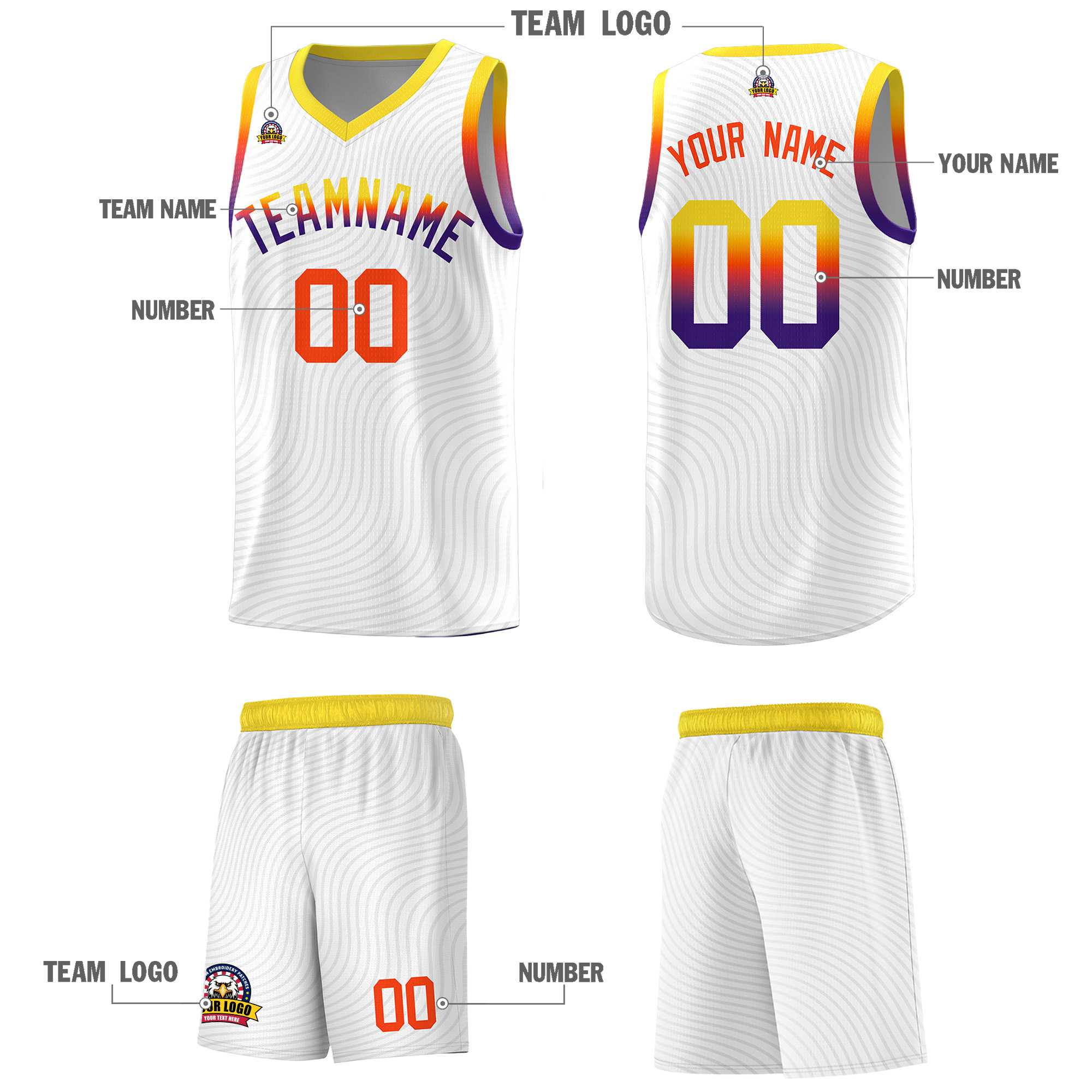 Custom White Gold Wave Pattern Sports Uniform Basketball Jersey