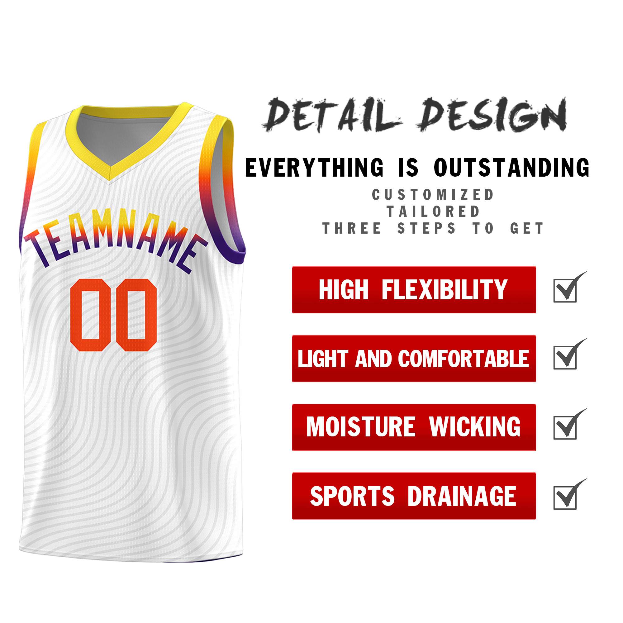 Custom White Gold Wave Pattern Sports Uniform Basketball Jersey
