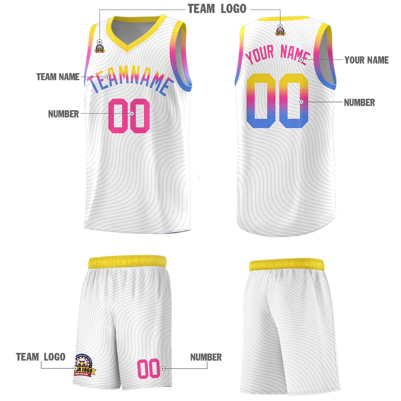 Custom White Gold Wave Pattern Sports Uniform Basketball Jersey