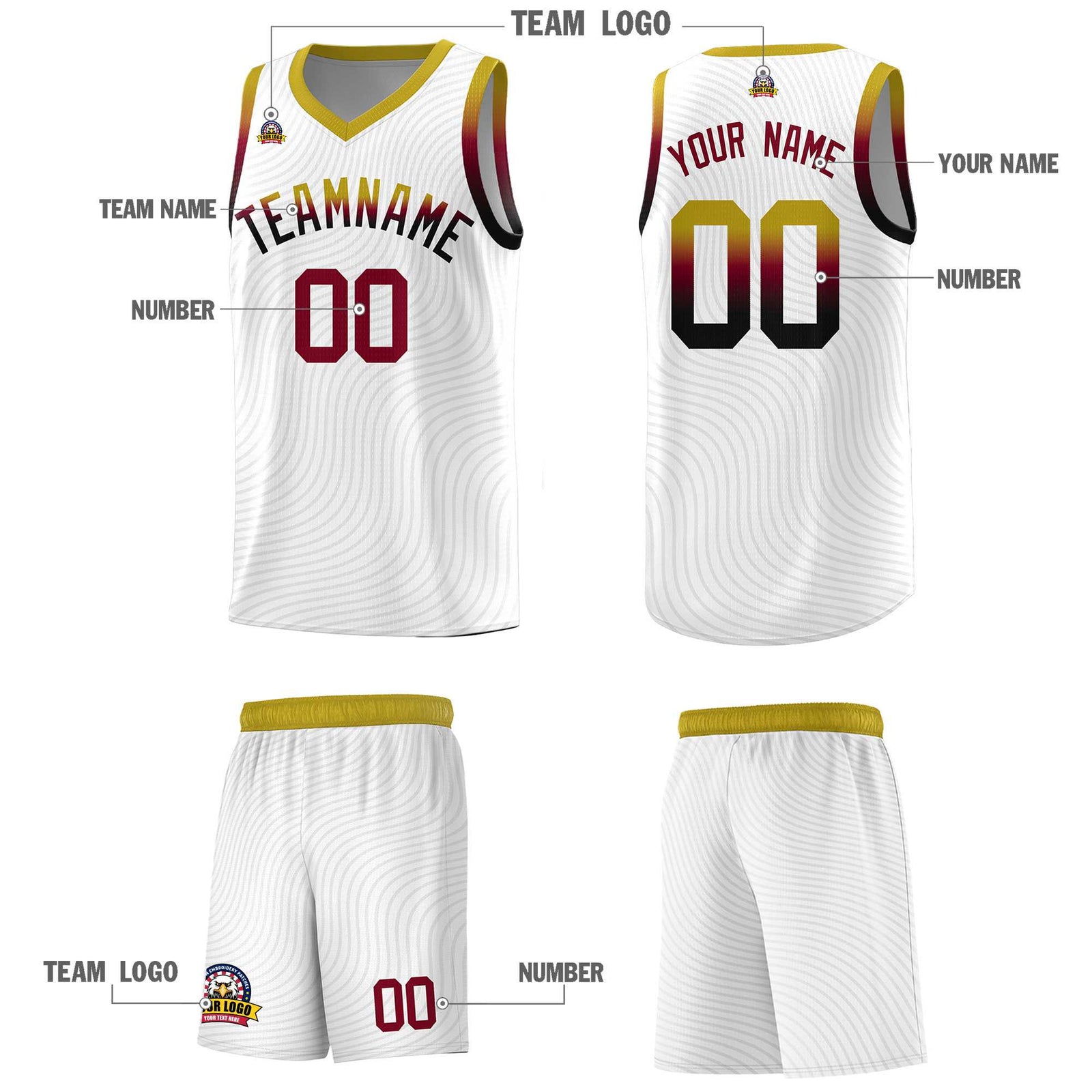 Custom White Old Gold Wave Pattern Sports Uniform Basketball Jersey