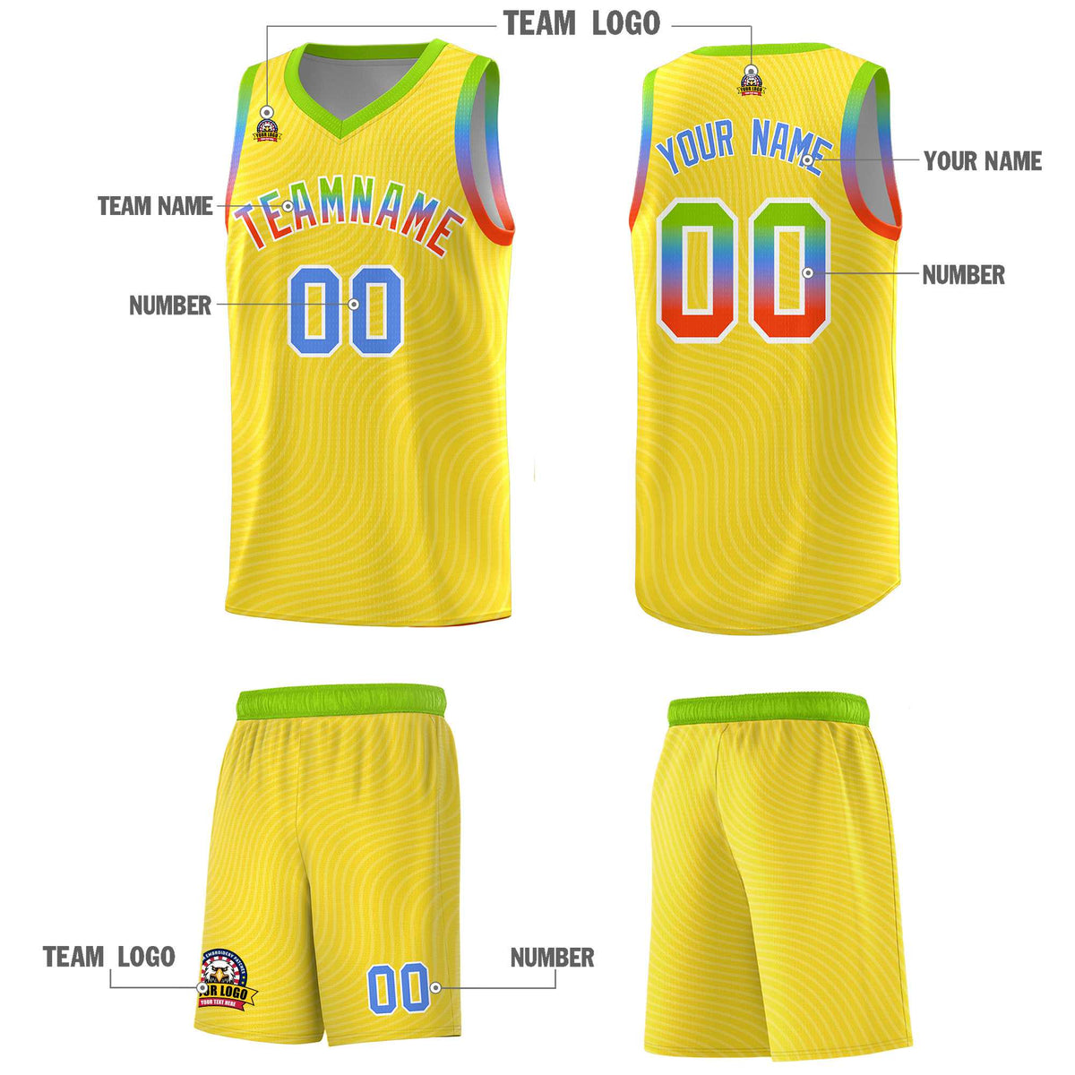 Custom Gold Neon Green Wave Pattern Sports Uniform Basketball Jersey
