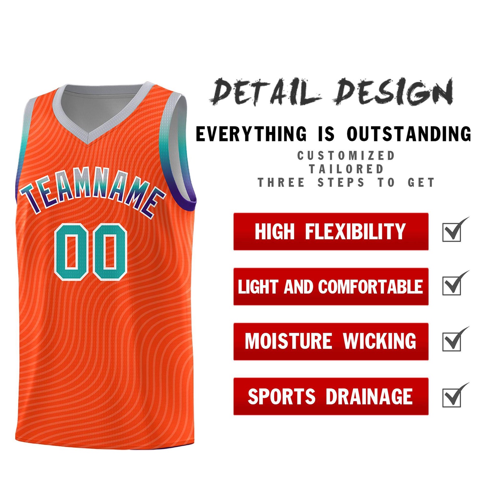 Custom Orange Gray Wave Pattern Sports Uniform Basketball Jersey