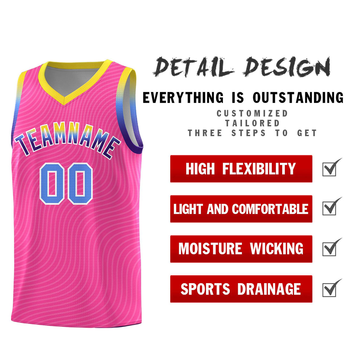 Custom Pink Gold Wave Pattern Sports Uniform Basketball Jersey