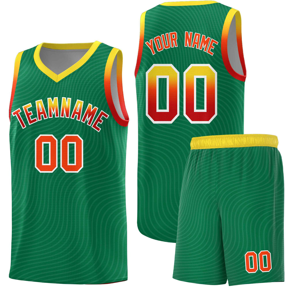 Custom Kelly Green Gold Wave Pattern Sports Uniform Basketball Jersey