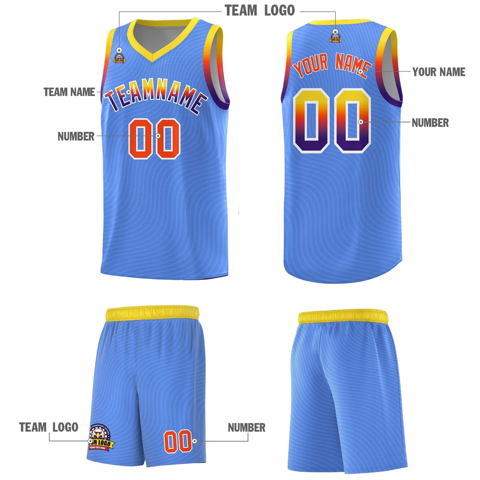 Custom Light Blue Gold Wave Pattern Sports Uniform Basketball Jersey