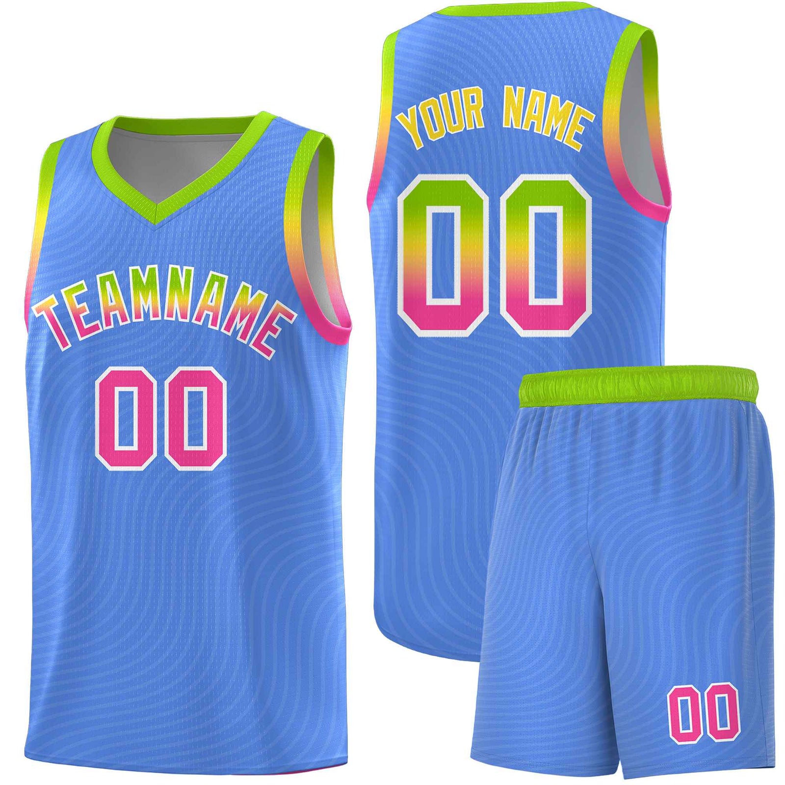 Custom Light Blue Neon Green Wave Pattern Sports Uniform Basketball Jersey