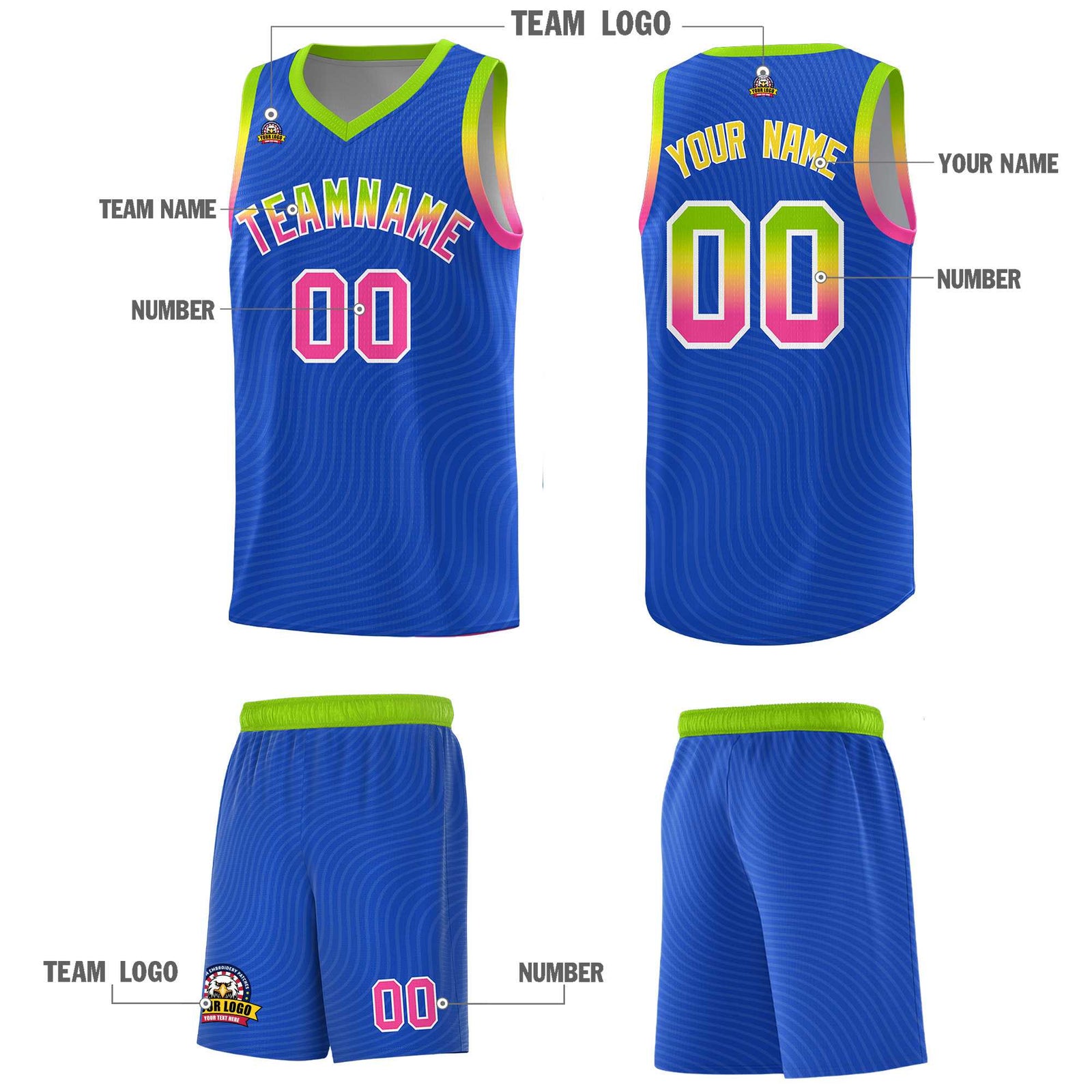 Custom Royal Blue Neon Green Wave Pattern Sports Uniform Basketball Jersey