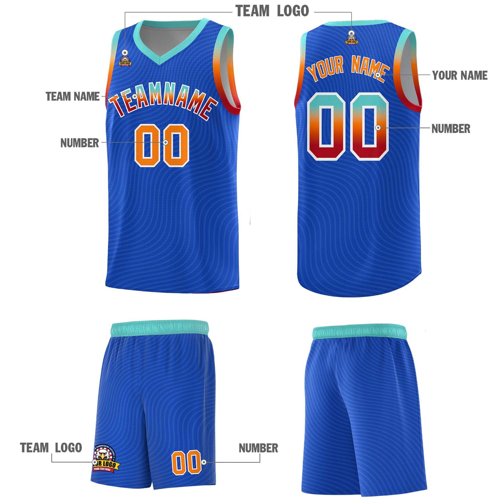 Custom Royal Blue Bright Green Wave Pattern Sports Uniform Basketball Jersey