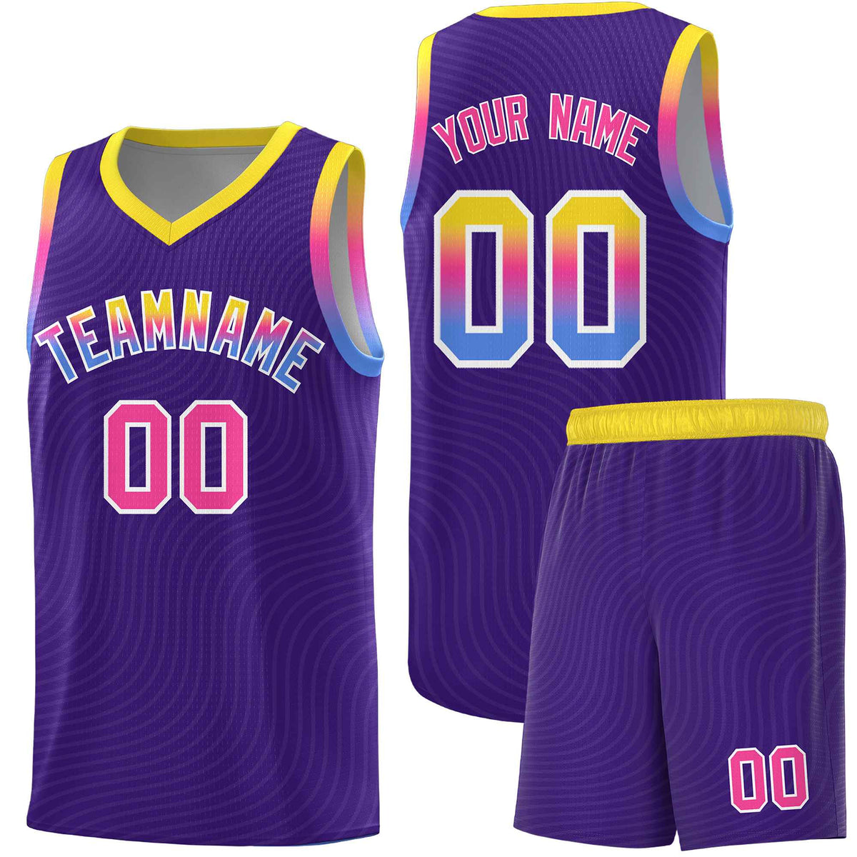 Custom Purple Gold Wave Pattern Sports Uniform Basketball Jersey