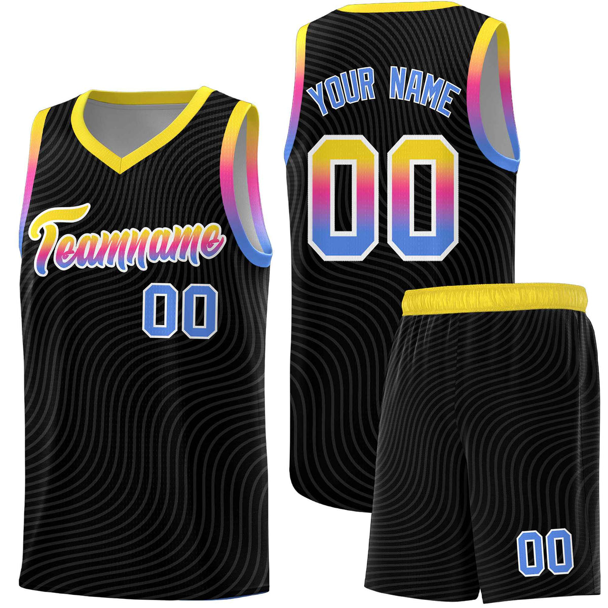 Custom Black Gold Wave Pattern Sports Uniform Basketball Jersey